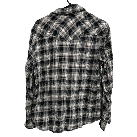 Wrangler Plaid Flannel Shirt Black White Long Sleeve Pearl Snap Buttons Sz L - Picture 2 of 7